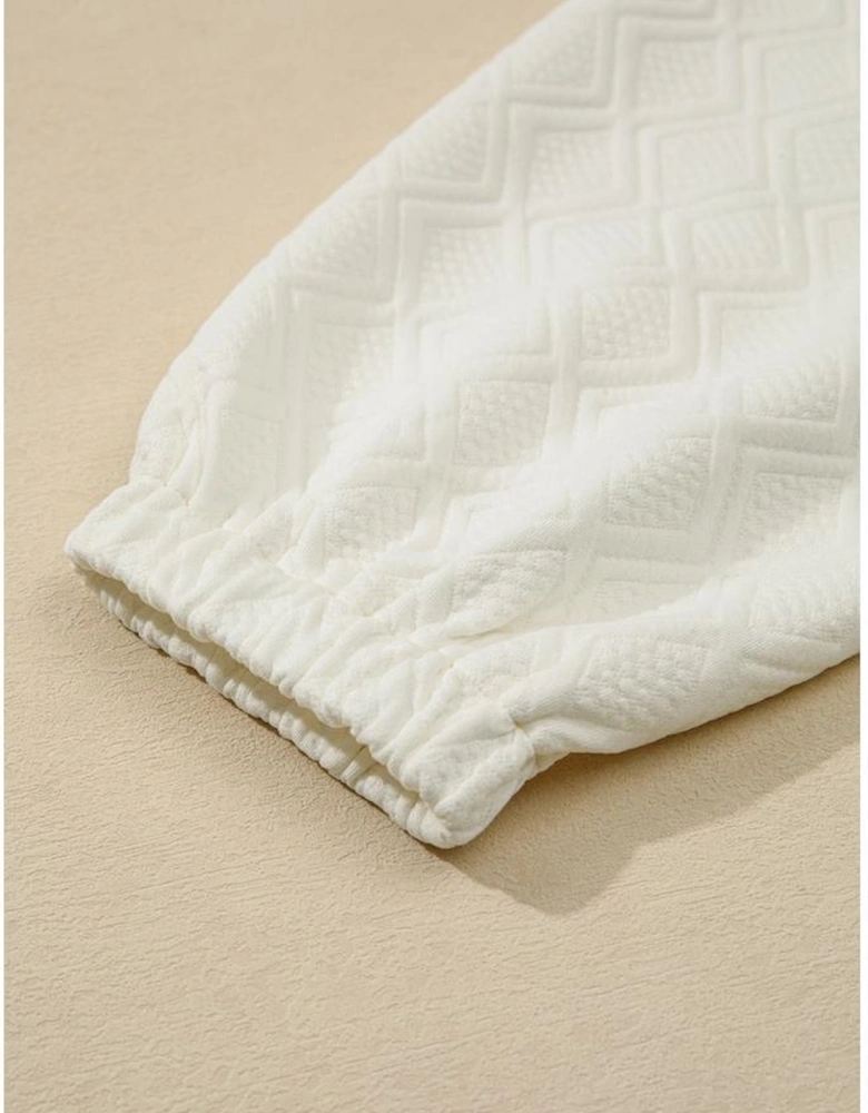 Beige Plus Size Rhombus Texture Contrast Striped Collar Baggy Sweatshirt