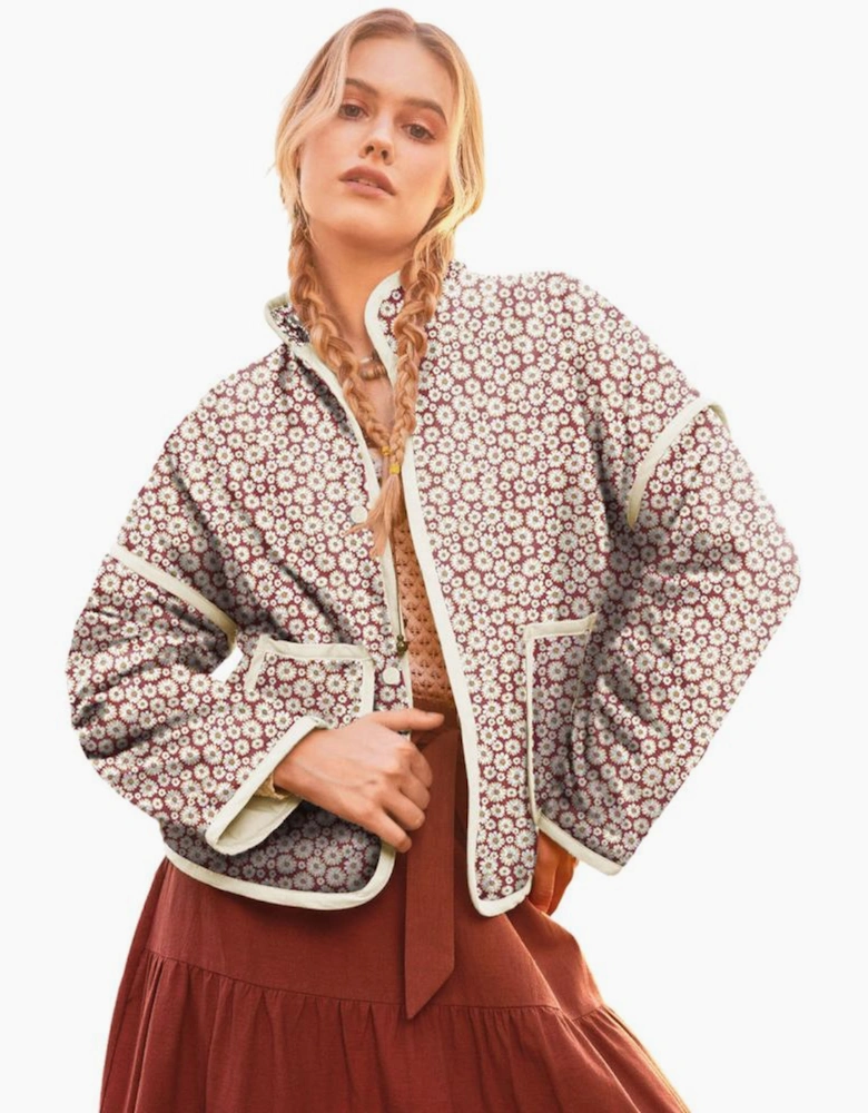 Pink Floral Print Contrast Edge Pocketed Stand Neck Jacket