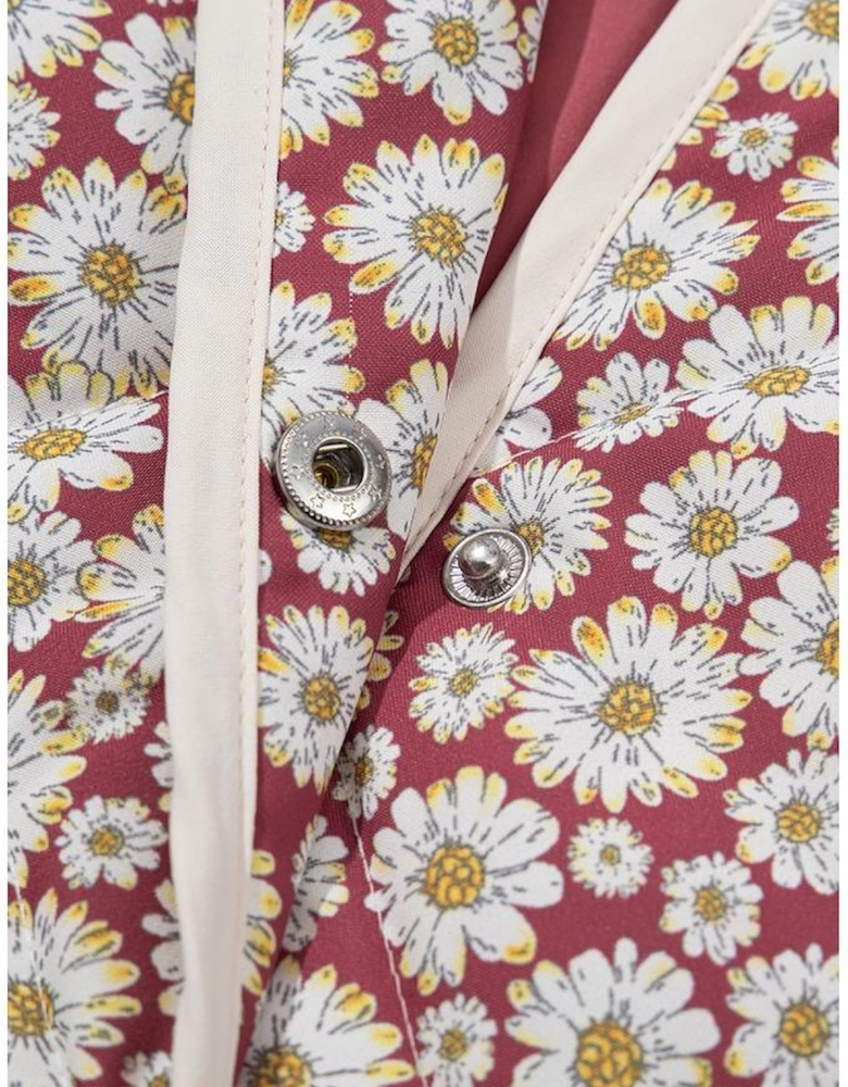 Pink Floral Print Contrast Edge Pocketed Stand Neck Jacket