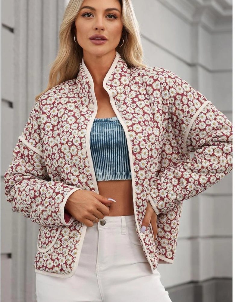 Pink Floral Print Contrast Edge Pocketed Stand Neck Jacket