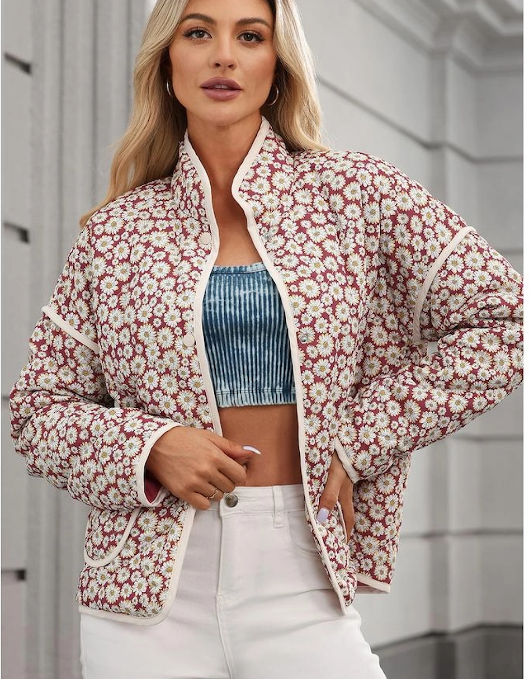 Pink Floral Print Contrast Edge Pocketed Stand Neck Jacket