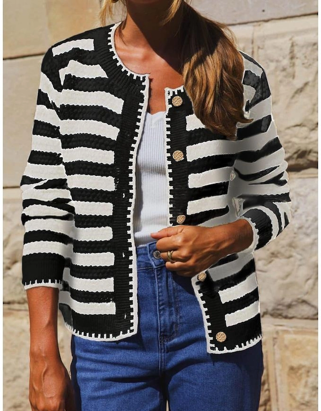 White Stripe Chic Golden Button Cardigan Sweater