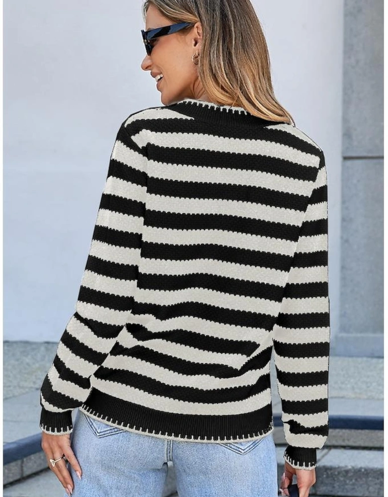 White Stripe Chic Golden Button Cardigan Sweater