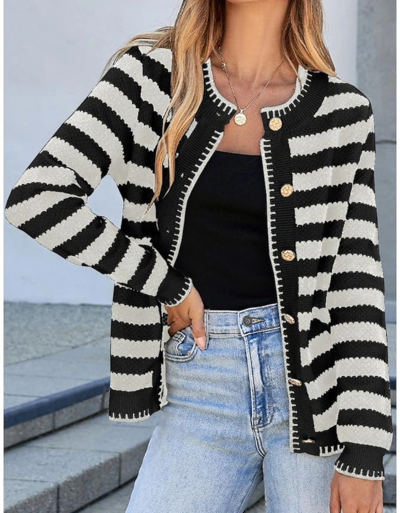 White Stripe Chic Golden Button Cardigan Sweater