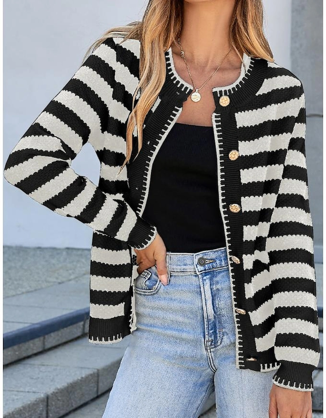 White Stripe Chic Golden Button Cardigan Sweater