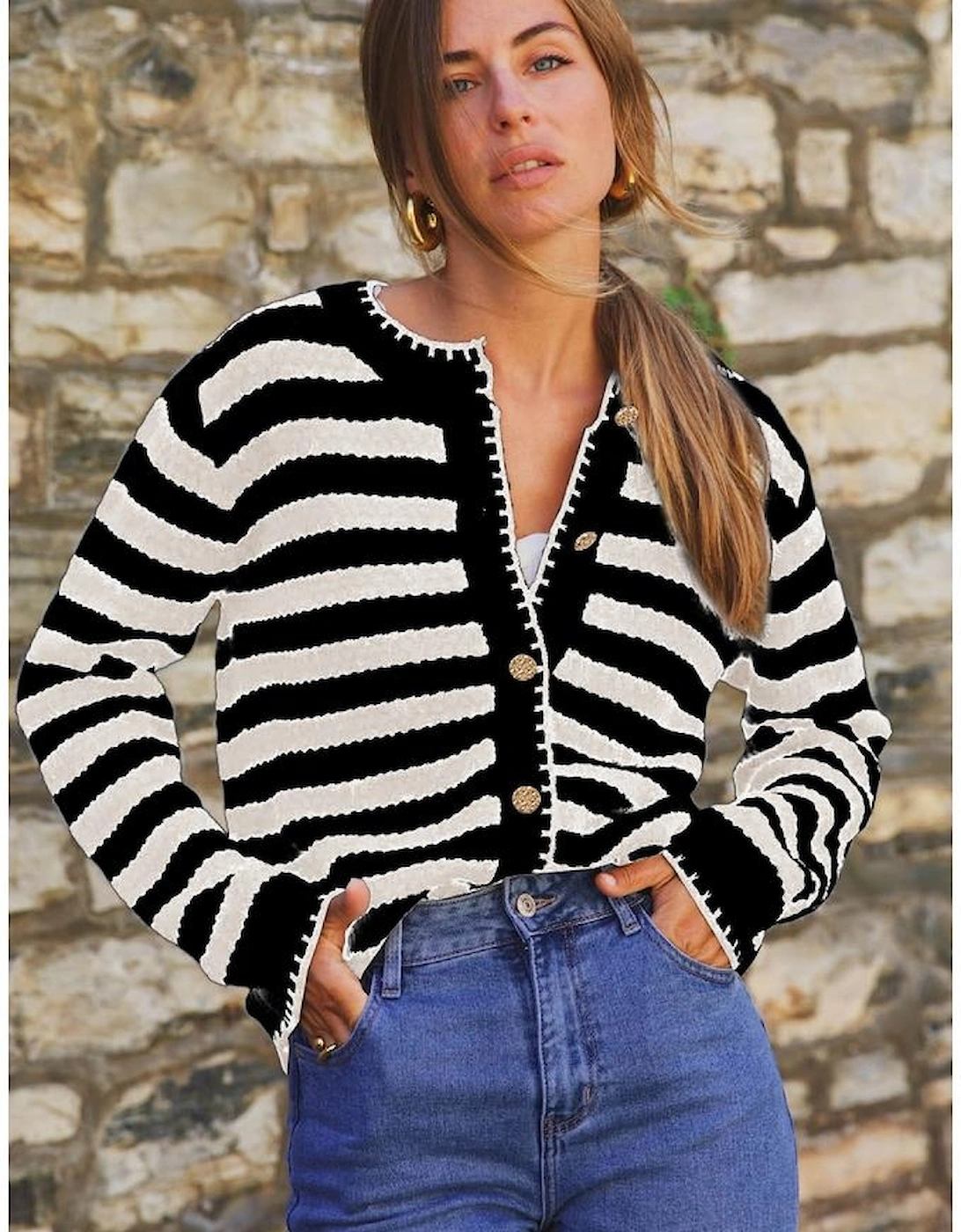 White Stripe Chic Golden Button Cardigan Sweater