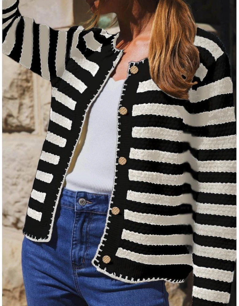 White Stripe Chic Golden Button Cardigan Sweater