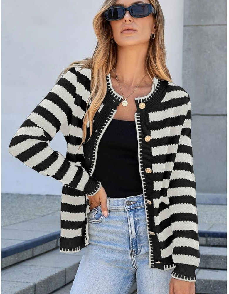 White Stripe Chic Golden Button Cardigan Sweater