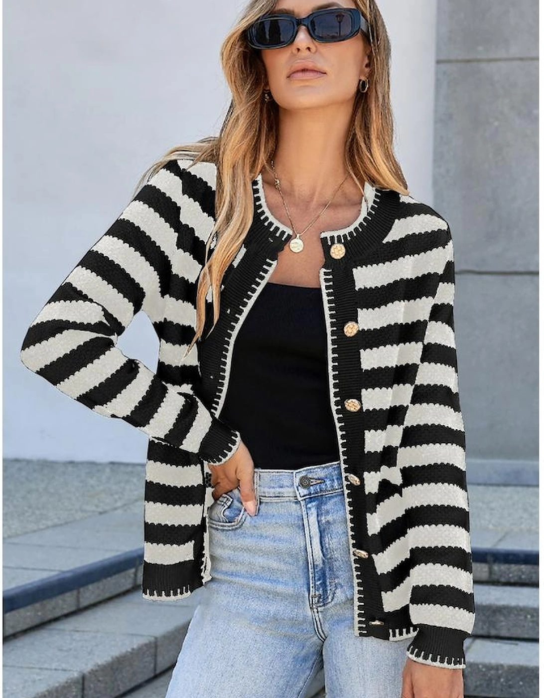 White Stripe Chic Golden Button Cardigan Sweater