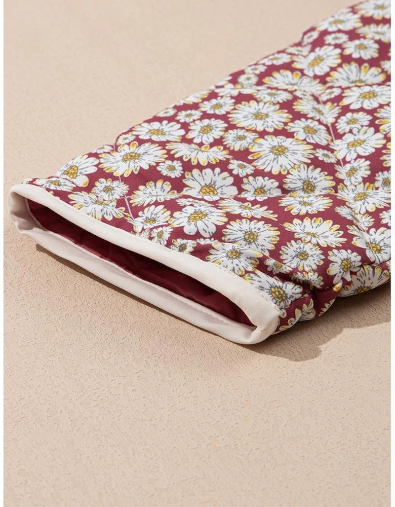 Pink Floral Print Contrast Edge Pocketed Stand Neck Jacket