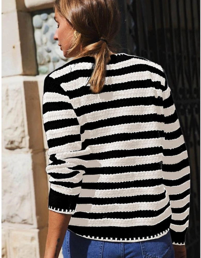 White Stripe Chic Golden Button Cardigan Sweater