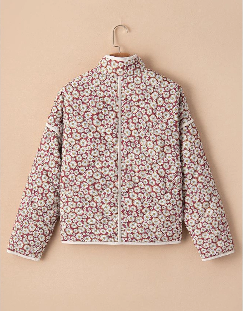 Pink Floral Print Contrast Edge Pocketed Stand Neck Jacket