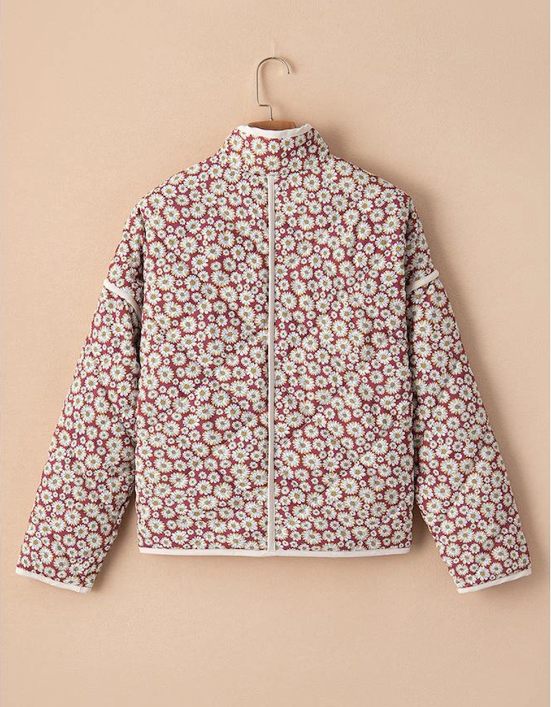 Pink Floral Print Contrast Edge Pocketed Stand Neck Jacket
