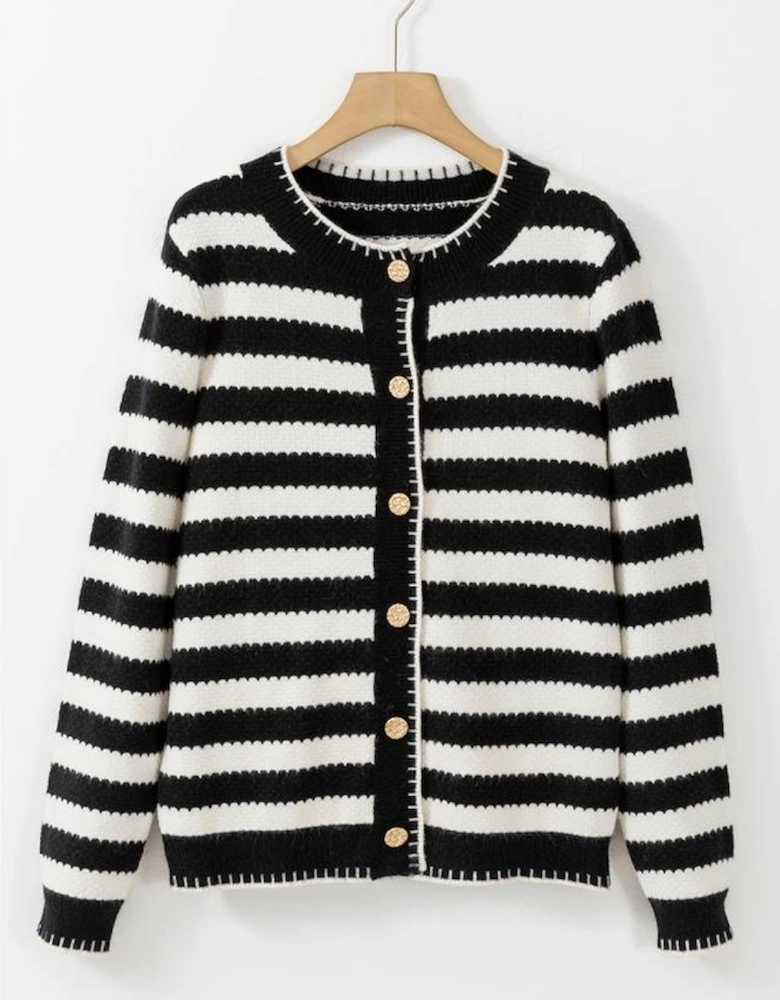 White Stripe Chic Golden Button Cardigan Sweater