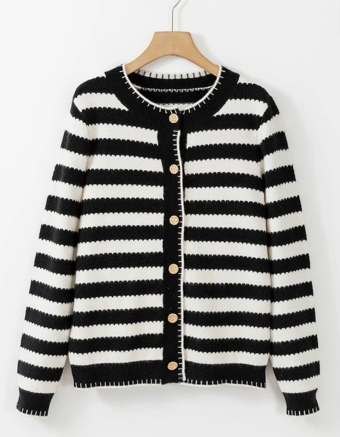 White Stripe Chic Golden Button Cardigan Sweater