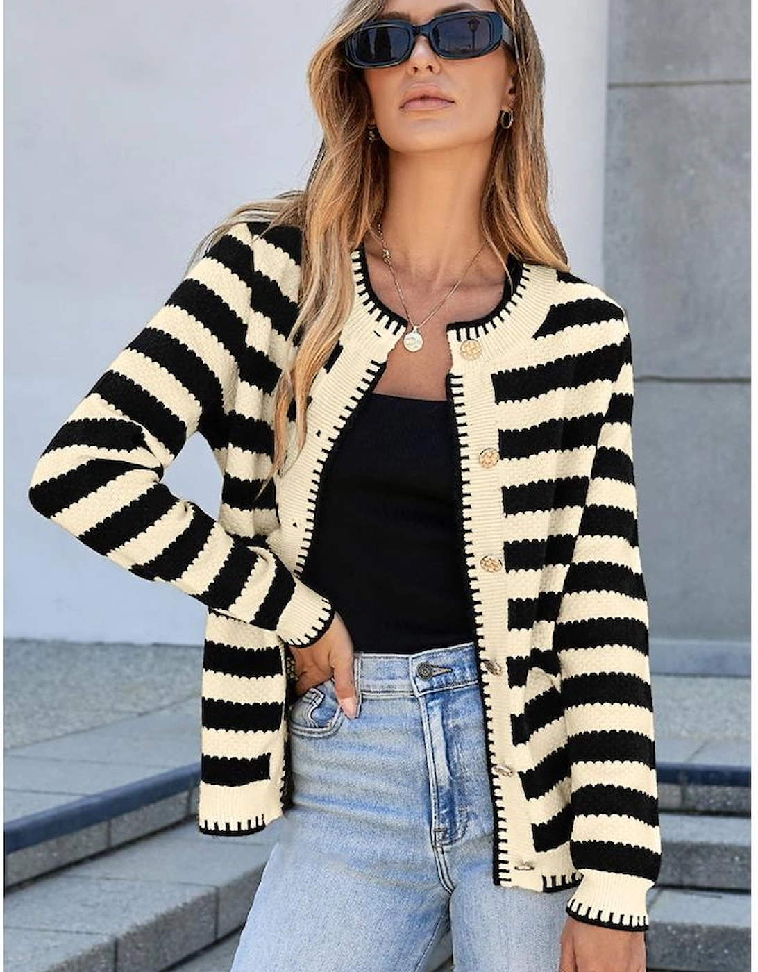 Apricot Stripe Chic Golden Button Cardigan Sweater