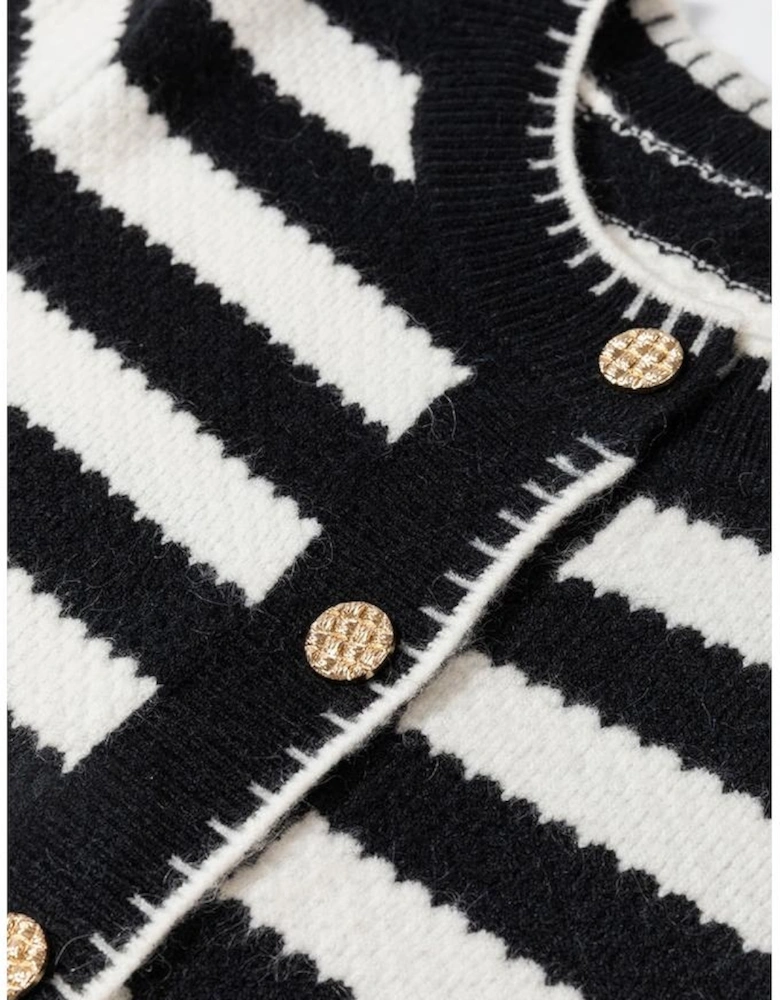 White Stripe Chic Golden Button Cardigan Sweater
