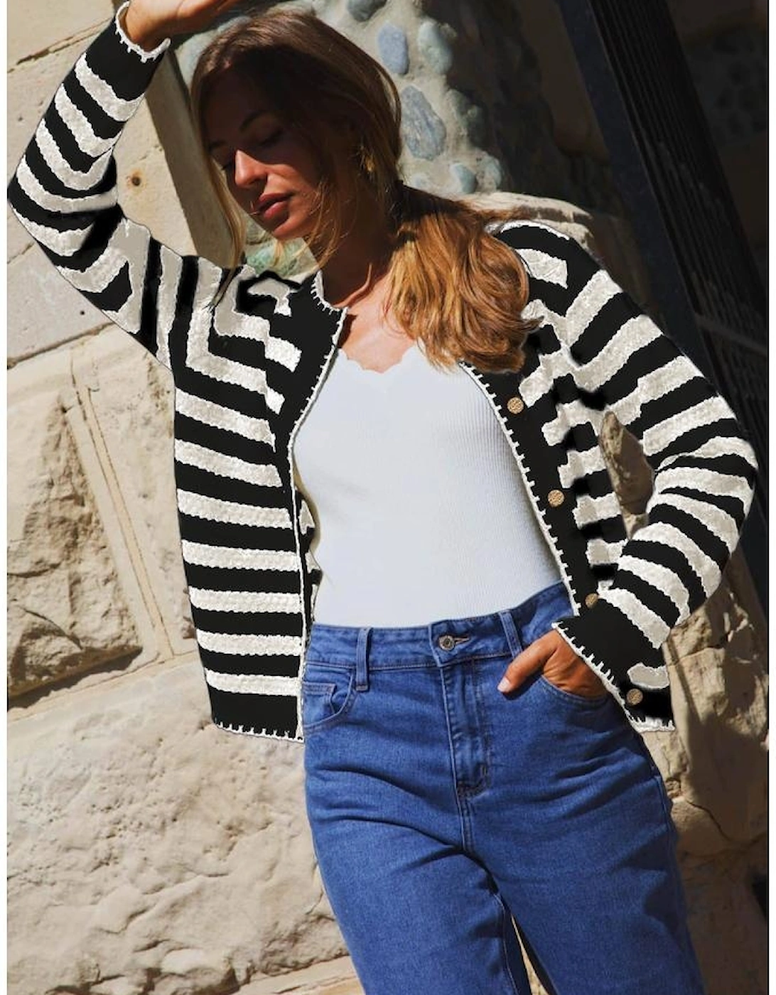 White Stripe Chic Golden Button Cardigan Sweater
