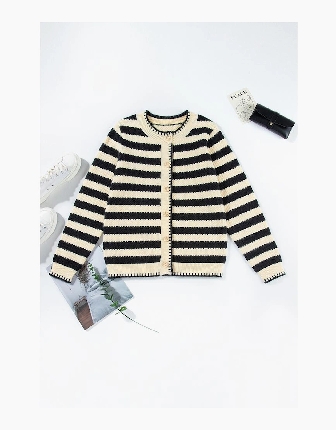 Apricot Stripe Chic Golden Button Cardigan Sweater