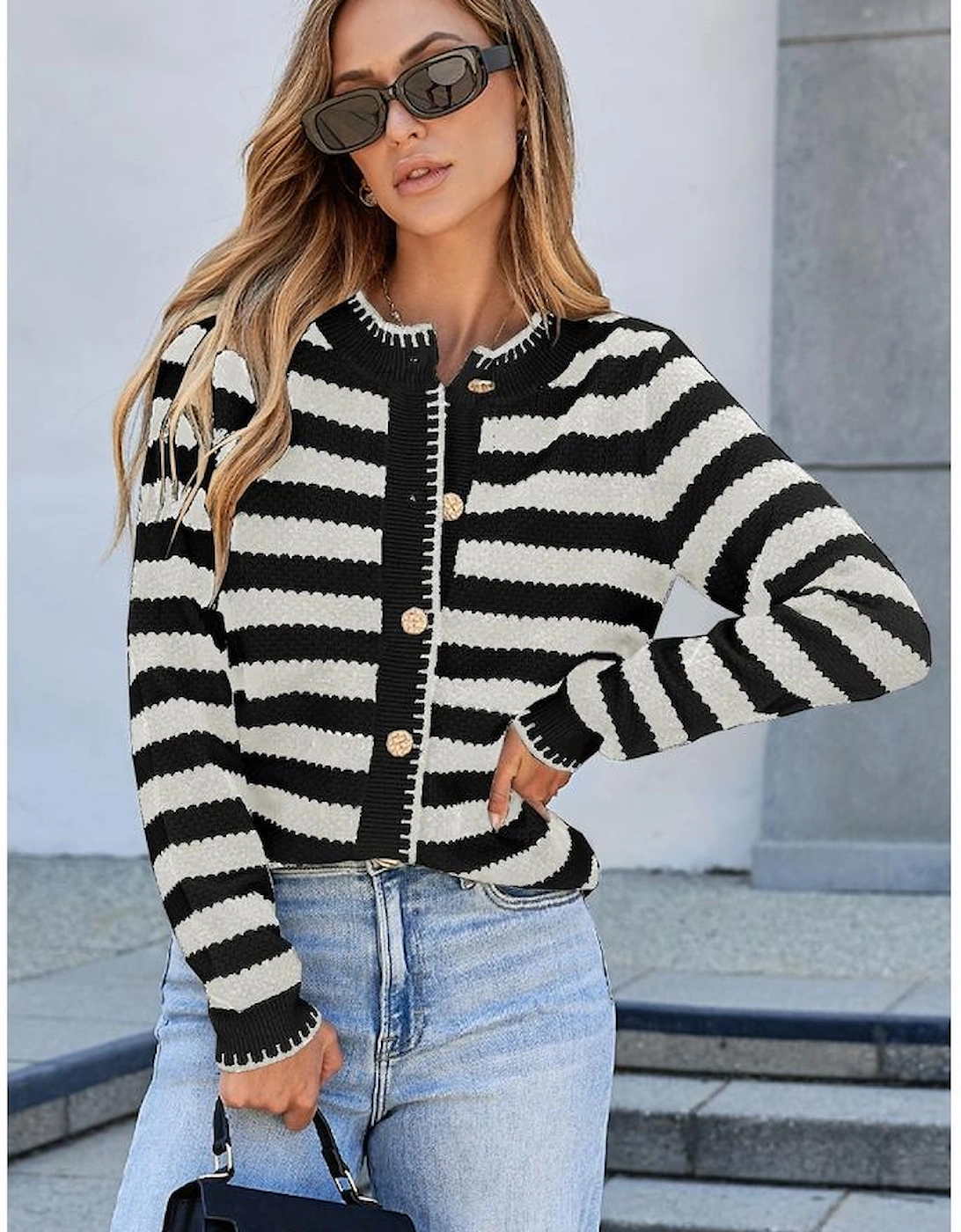 White Stripe Chic Golden Button Cardigan Sweater