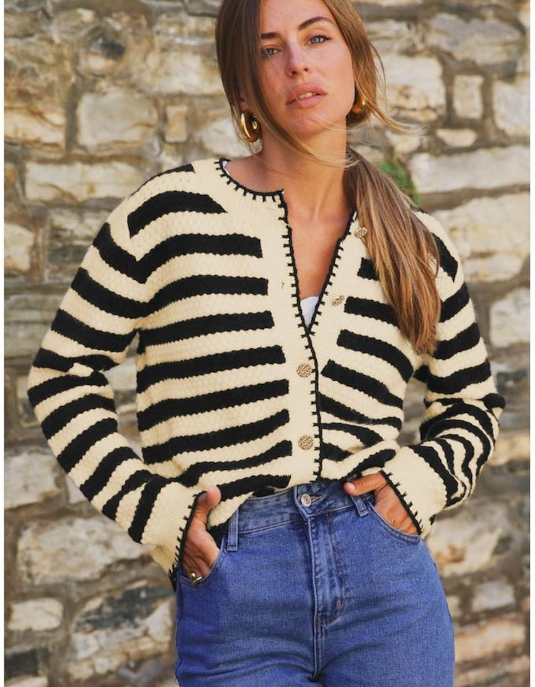 Apricot Stripe Chic Golden Button Cardigan Sweater
