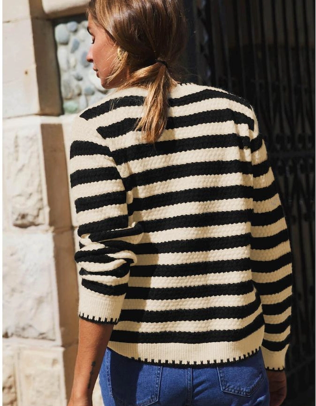 Apricot Stripe Chic Golden Button Cardigan Sweater