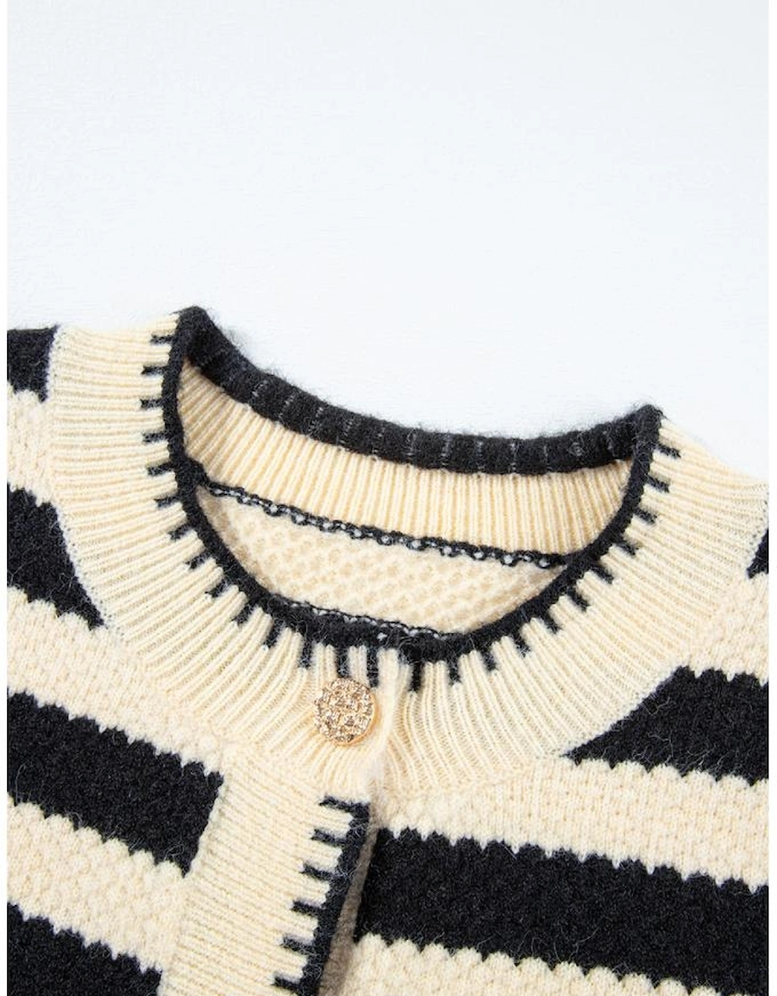 Apricot Stripe Chic Golden Button Cardigan Sweater