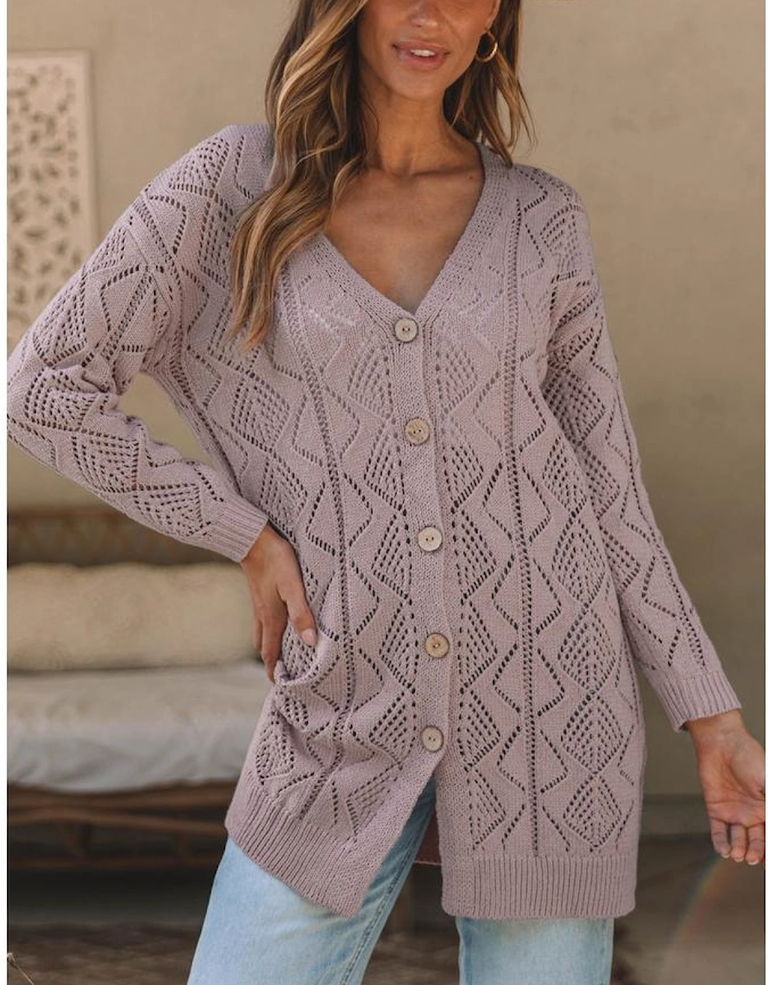 Purple Hollow-out Openwork Knit Cardigan