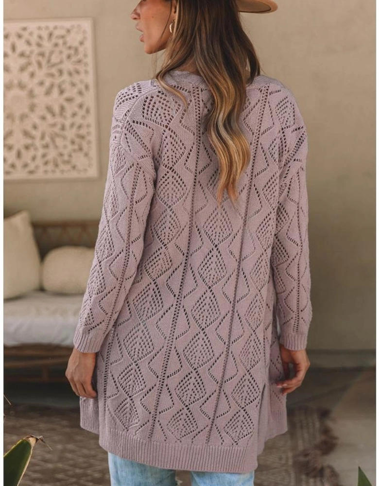 Purple Hollow-out Openwork Knit Cardigan