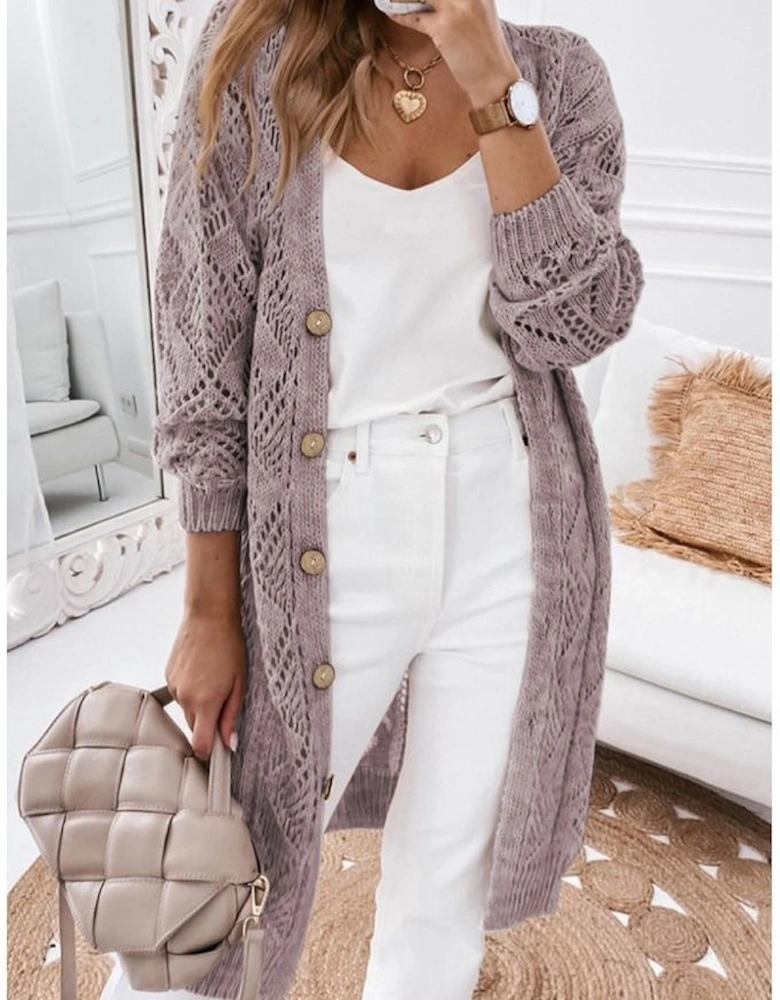 Purple Hollow-out Openwork Knit Cardigan