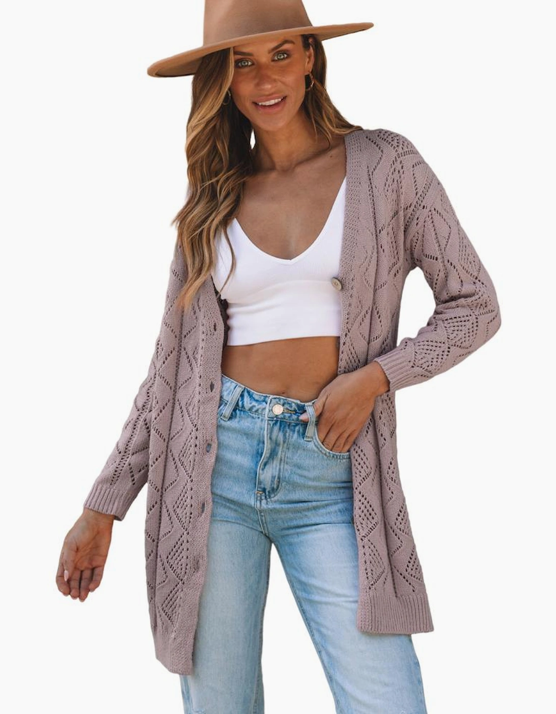 Purple Hollow-out Openwork Knit Cardigan