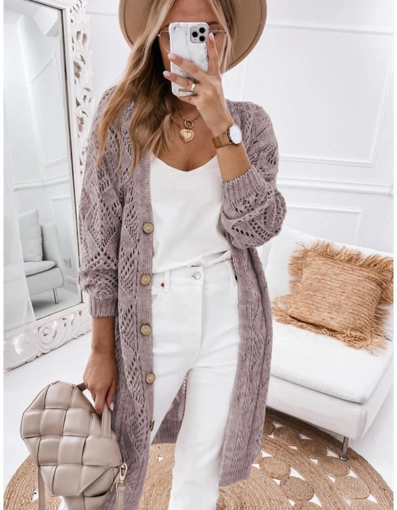 Purple Hollow-out Openwork Knit Cardigan