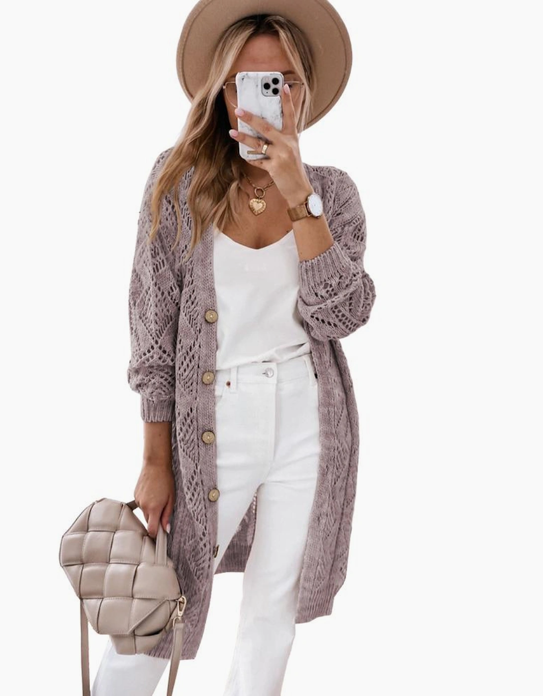 Purple Hollow-out Openwork Knit Cardigan