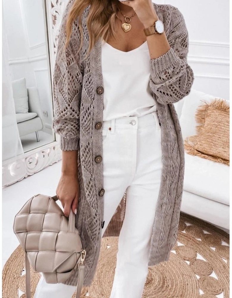 Purple Hollow-out Openwork Knit Cardigan