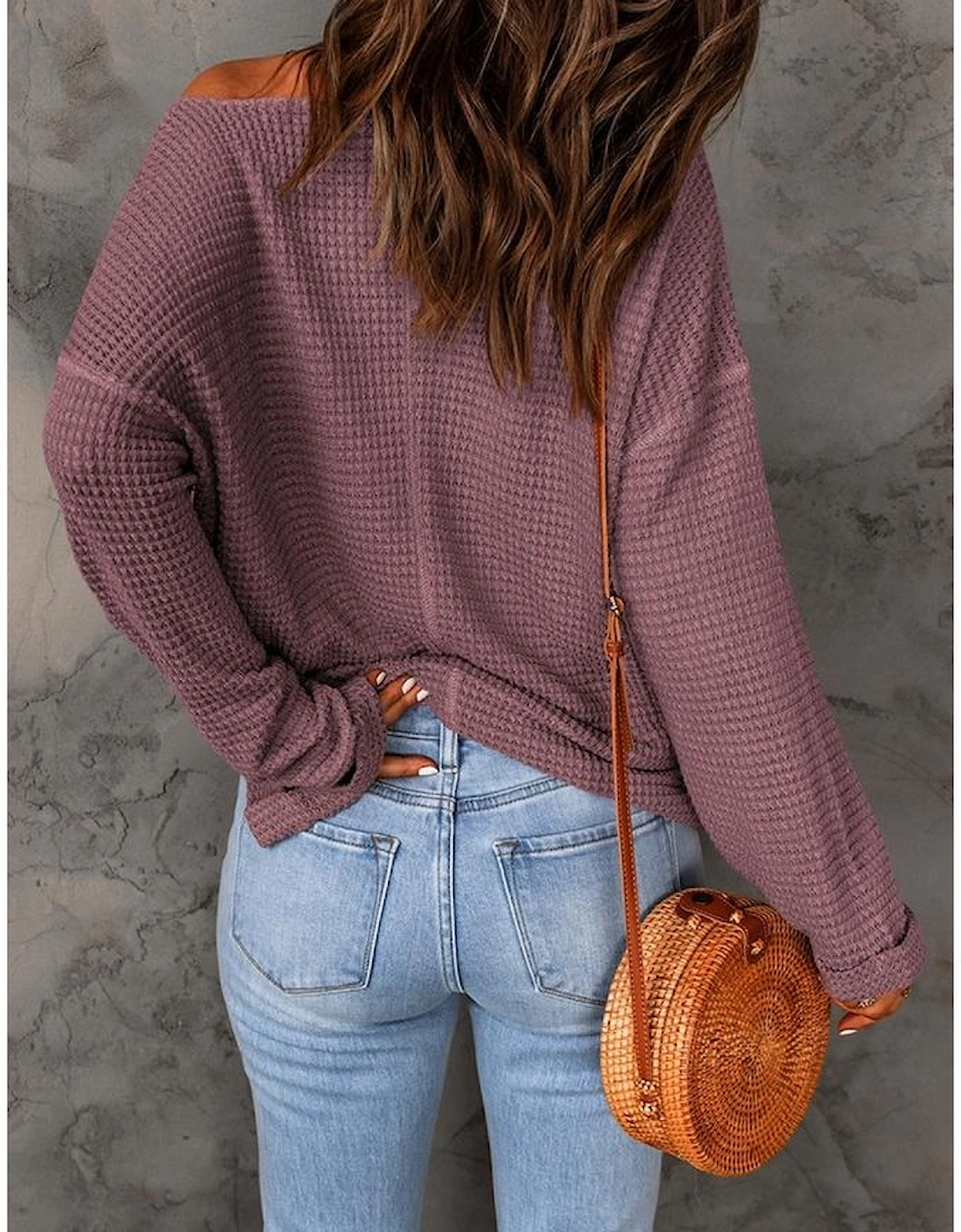 purple Waffle Knit Loose Long Sleeve Top