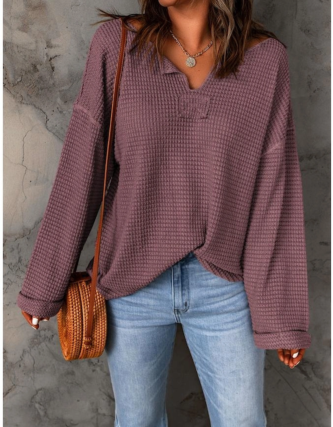 purple Waffle Knit Loose Long Sleeve Top