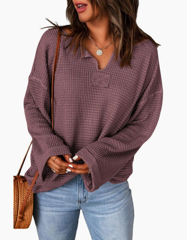 purple Waffle Knit Loose Long Sleeve Top