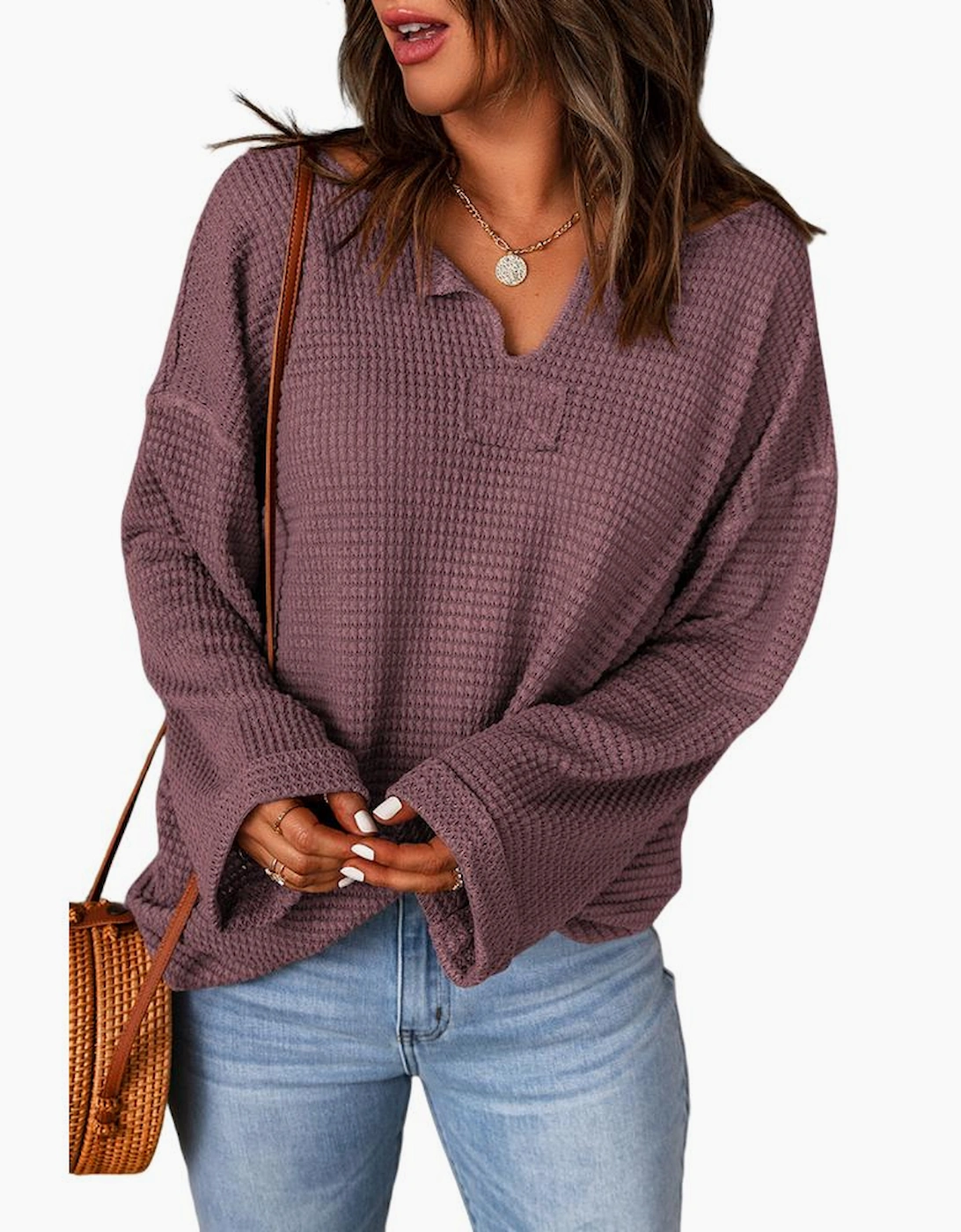 purple Waffle Knit Loose Long Sleeve Top