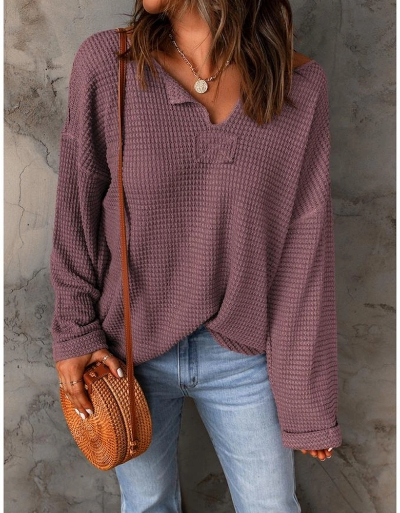 purple Waffle Knit Loose Long Sleeve Top