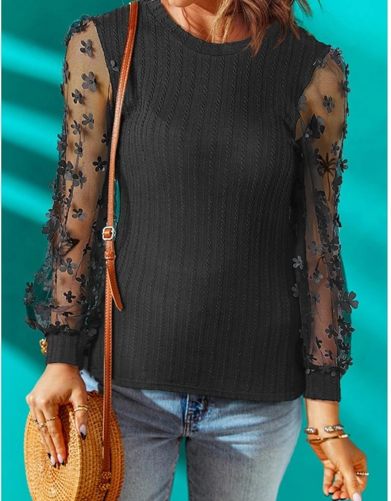 Black Floral Applique Mesh Sleeves Textured Knit Blouse