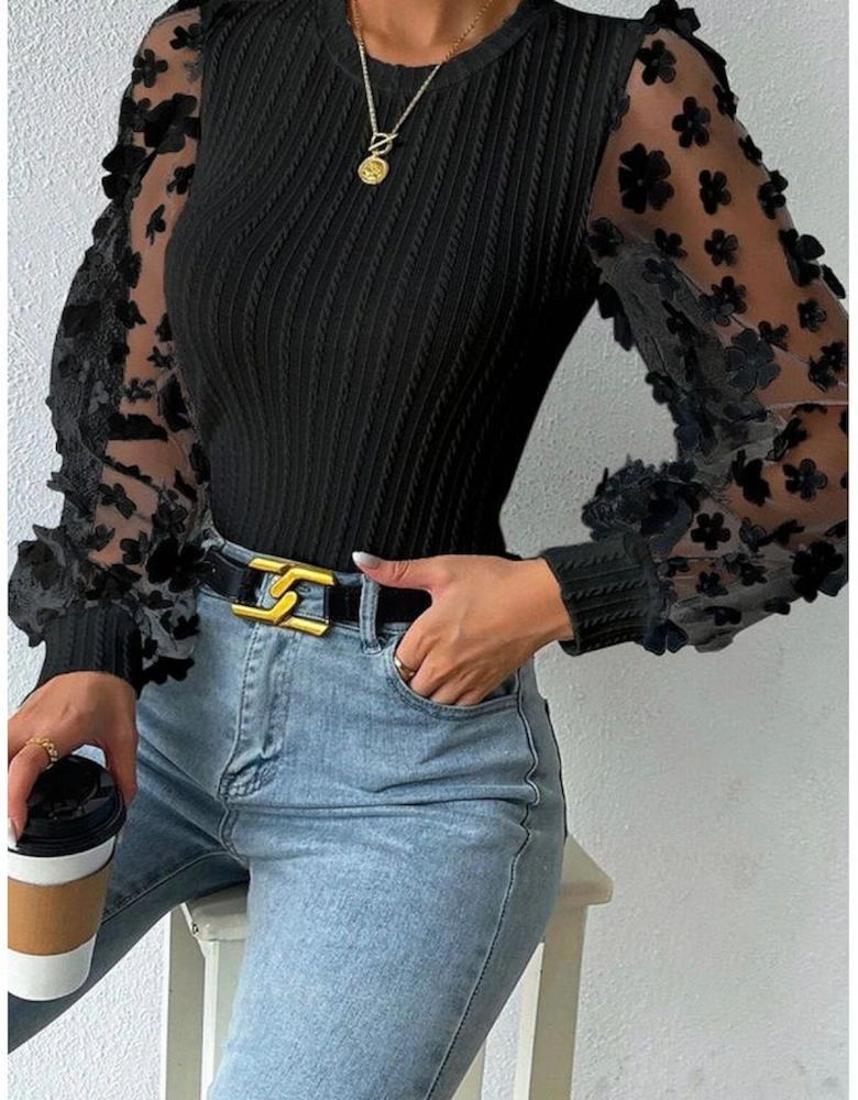 Black Floral Applique Mesh Sleeves Textured Knit Blouse
