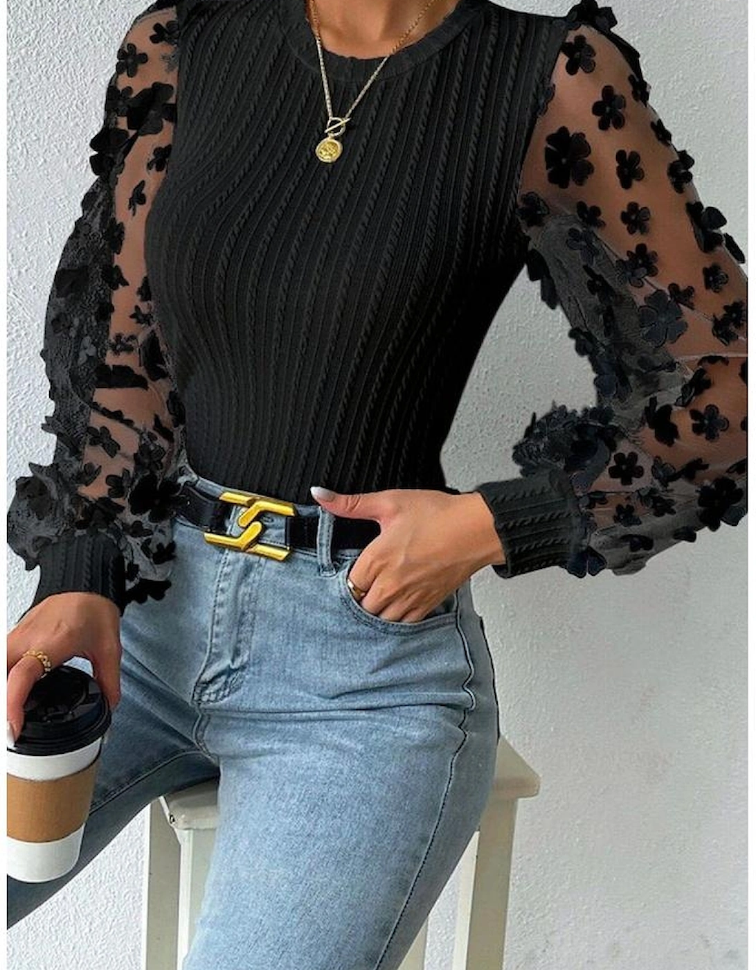 Black Floral Applique Mesh Sleeves Textured Knit Blouse
