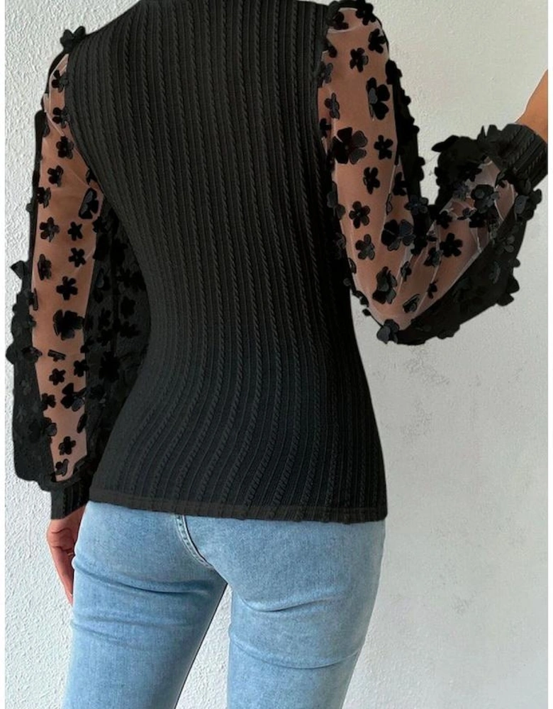 Black Floral Applique Mesh Sleeves Textured Knit Blouse