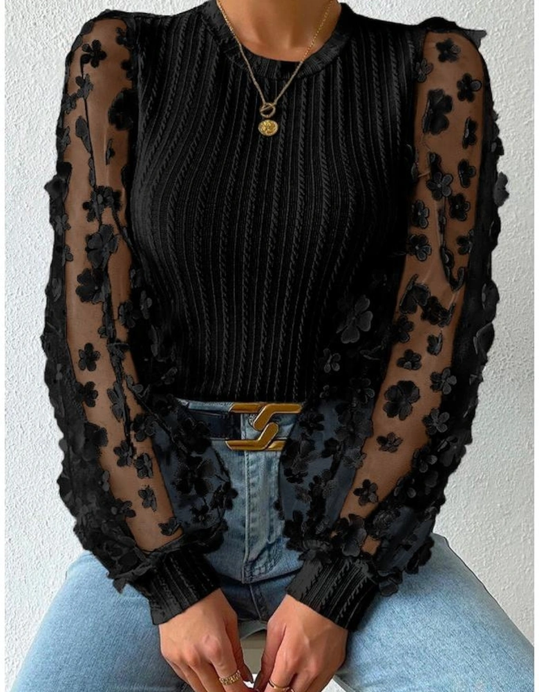 Black Floral Applique Mesh Sleeves Textured Knit Blouse