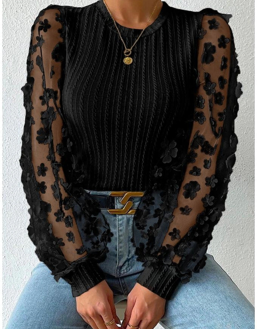 Black Floral Applique Mesh Sleeves Textured Knit Blouse
