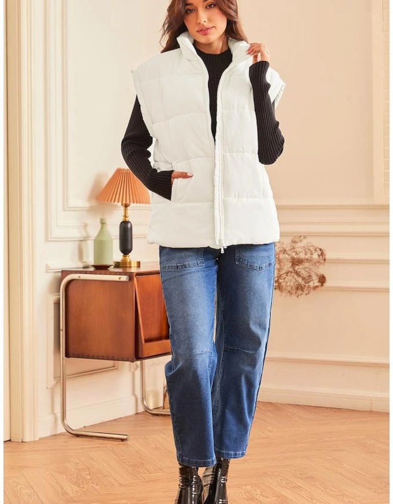 Beige  Zipper Stand Neck Oversized Puffer Vest