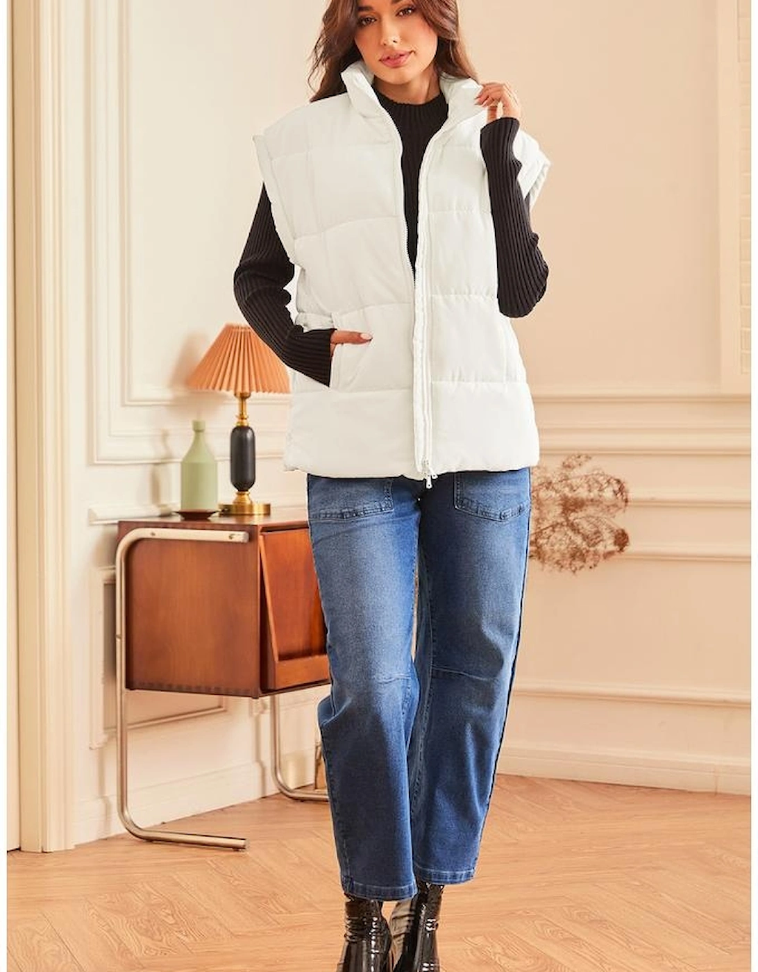 Beige  Zipper Stand Neck Oversized Puffer Vest