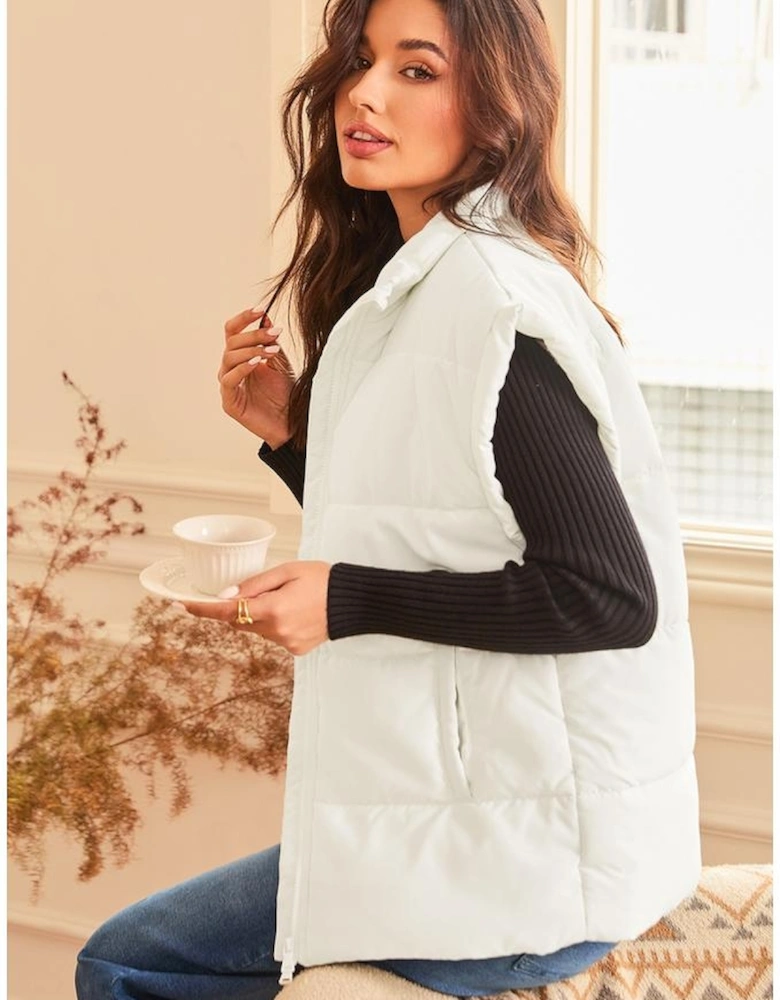 Beige  Zipper Stand Neck Oversized Puffer Vest