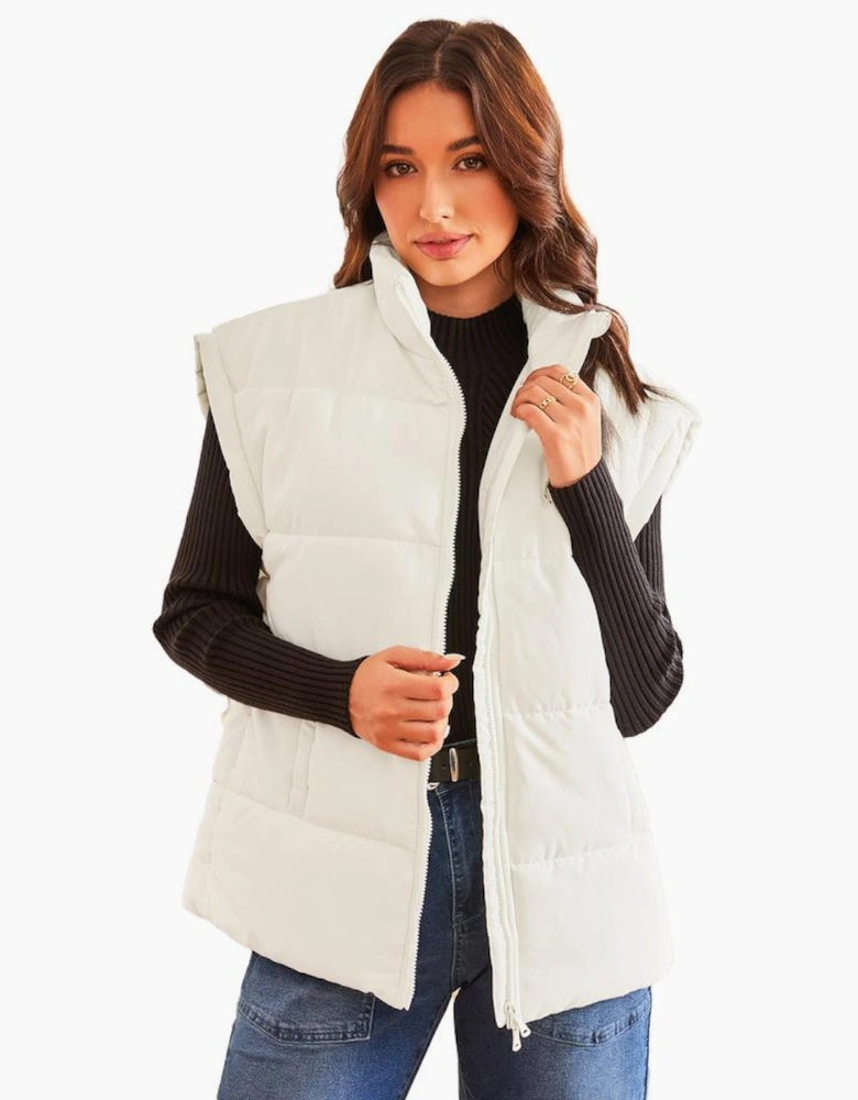 Beige  Zipper Stand Neck Oversized Puffer Vest