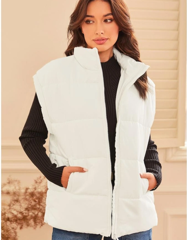 Beige  Zipper Stand Neck Oversized Puffer Vest
